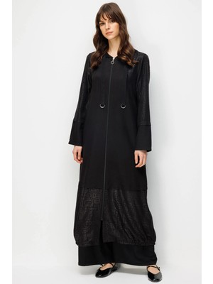 Micca Fenıx Özel Desen Soft Kumaş ve Düz Ipekçe Garnili Aksesuarlı Zamansız Kap Ferace-Siyah
