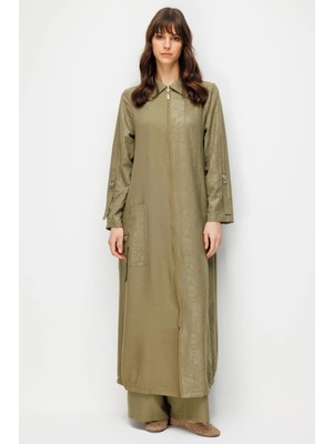 Micca Tulıp Özel Desen Soft Kumaş ve Ipekçe Garnili Cep Detaylı Zamansız Kap Ferace-Haki