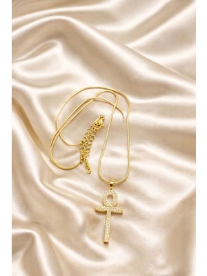 Ascera Ankh Yaşam Anahtarı Kolye – 316L Çelik Gold Renk Taşlı Kararmayan Kadın Model