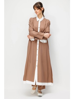 Micca %100 Doğal Lyocell Maxi Dökümlü Soft Kumaş Summer Garnili Maxi Elbise Ferace-Kahve