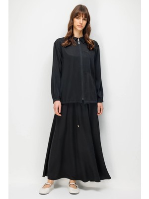 Micca %100 Doğal Lyocell Maxi Dökümlü Soft Kumaş Step File Garni Detaylı Ceket ve Etek Kombinli Takım-Siyah