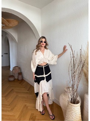 Kadın Brode Detaylı Örgü Kuşaklı Önü Kısa Arkası Uzun Bohem Etek