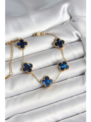 Nexgen 316L Çelik Sedefli Lacivert Gold Renk Yonca Kadın Bileklik