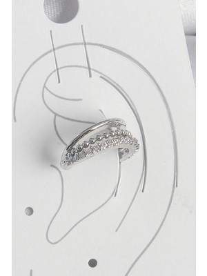 Nexgen Pirinç Gümüş Renk Zirkon Taşlı 3'lü Sıralı Kadın Kıkırdak Küpe