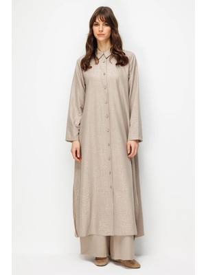 Micca Fenıx Özel Desen Soft Kumaş Beden Ipekçe Sırt Aller Detaylı Maxi Tunik ve Pantalon Kombinli Takım-Taş