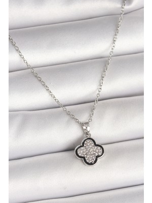 Nexgen 316L Çelik Gümüş Renk Zincir Zirkon Taşlı Yonca Model Kadın Kolye