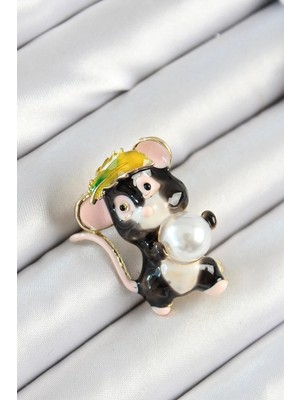 Inure Jewelry İnci Detaylı Siyah Ve Pembe 3D Sevimli Fare Figürlü Gold Renk Kadın Broş