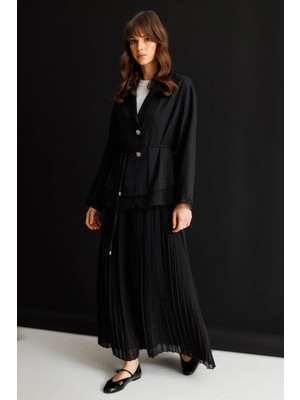 Micca %100 Doğal Lyocell Maxi Dökümlü Soft Kumaş Ceket ve Şifon Pilise Etek Kombinli Takım-Siyah