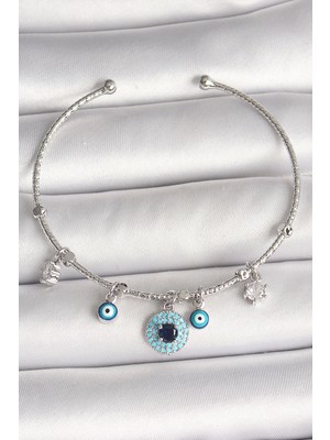 Nexgen Pirinç Gümüş Renk Sallantı Zirkon Taşlı Nazar Boncuk Figür Charm Kadın Bileklik