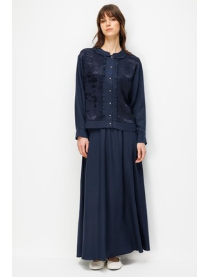 Micca %100 Doğal Lyocell Maxi Dökümlü Soft Kumaş Etek ve Özel Desen Geçişli Ceket Kombinli Takım-Laci