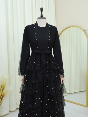 Modamorfo Eteği Katlı Serpme Incili Tül Abaya Takım -Siyah