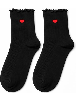 QUALITY WALKING Kalp Desenli Dikişsiz Pamuk Kadın Çorap Fırfırlı Bilek Şık Kullanım