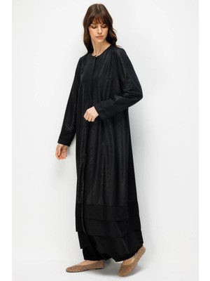 Micca Crocodıle Özel Desen Soft Kumaş Üst Beden ve Aller Kat Kat Kol ve Alt Beden Ipekçe Garni Zamansız-Siyah