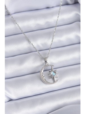 Nexgen 316L Çelik Gümüş Renk Zirkon Taşlı Ay Yıldız Model Kadın Kolye