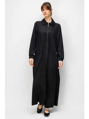 Micca %100 Doğal Lyocell Maxi Dökümlü Soft Kumaş ve Desen Geçişli Ferace-Siyah