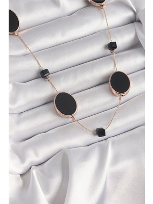 Nexgen Pirinç Gold Renk Siyah Renk Oval Siyah Küp Detay Kadın Kolye