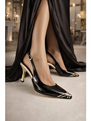 Firibu Kadın Sivri Burun Rugan Topuklu Ayakkabı Altın Detaylı Lüks Abiye Klasik Topuklu