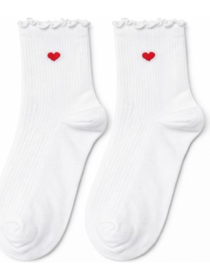 QUALITY WALKING Kalp Desenli Dikişsiz Pamuk Kadın Çorap Fırfırlı Bilek Şık Kullanım