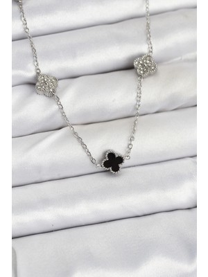 Nexgen 316L Çelik Zincir Gümüş Renk Siyah ve Zirkon Taşlı Baby Boy Yonca Kadın Kolye