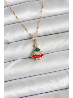 Nexgen 316L Çelik Zincir Gold Ren Çam Ağacı Model Zirkon Taşlı Yılbaşı Temalı Kadın Kolye