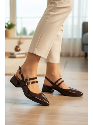 Enoch Kadın Sivri Burun Çift Bantlı Alçak Kalın Topuklu Arkası Açık Ayakkabı