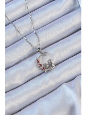 Nexgen 316L Çelik Zincir Gümüş Renk Kırmızı Gül Detay Kedi Figür Zirkon Taşlı Ay Kolye