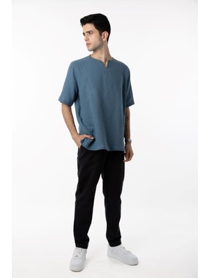 Müslin V Yaka Kısa Kollu Erkek T-Shirt Gömlek - Indigo