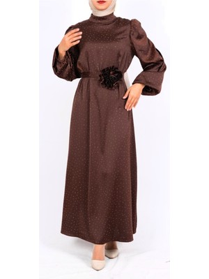 Modamorfo Balon Kol Kemerli Taşlı Saten Elbise  -Kahve
