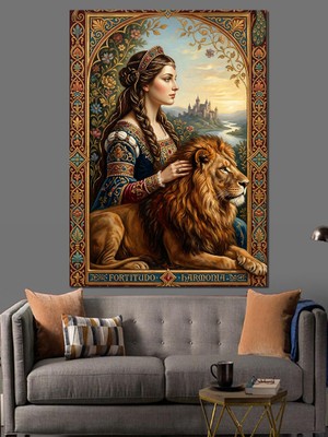 Tablomega Aslanla Oturan Geleneksel Kıyafetli Kadın Dekoratif Kanvas - Mdf Ahşap Tablo