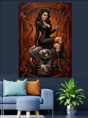 Tablomega Motor ve Şeytan Kadın Dekoratif Kanvas - Mdf Ahşap Tablo
