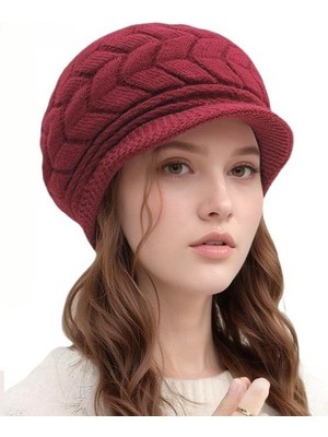Valkyrie Kadın Örgü Şapka Kışlık Yumuşak Triko Bere Siperlikli Newsboy Şapka Bordo