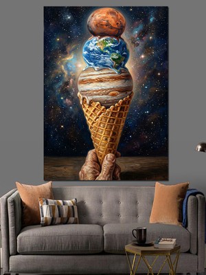 Tablomega Gezegenlerden Oluşan Dondurma Külahı Dekoratif Kanvas - Mdf Ahşap Tablo