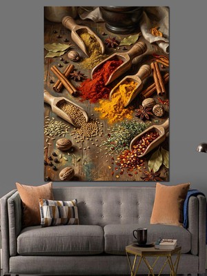 Tablomega Mutfakta Renkli Baharatlar ve Kaşıklar Dekoratif Kanvas - Mdf Ahşap Tablo