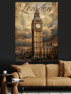 Tablomega Londra Big Ben Nostaljik Harita Dekoratif Kanvas - Mdf Ahşap Tablo