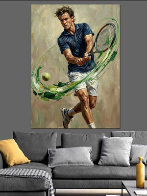 Tablomega Tenis Kortunda Hareket Halinde Oyuncu Dekoratif Kanvas - Mdf Ahşap Tablo