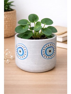 El Yapımı Seramik Modern Nazar Boncuğu Desenli Saksı - 8x8 cm (Bitkisiz) Cogo Ceramic