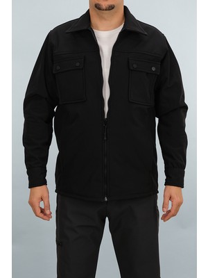 Souris Erkek Siyah Slim Fit Mevsimlik Softshell Gömlek Ceket Fermuarlı Kapaklı Çift Cepli