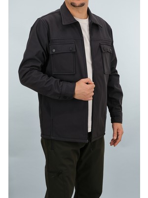 Souris Erkek Füme Slim Fit Mevsimlik Softshell Gömlek Ceket Fermuarlı Kapaklı Çift Cepli