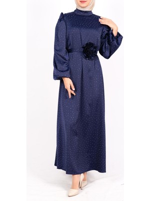 Modamorfo Balon Kol Kemerli Taşlı Saten Elbise  -Laci