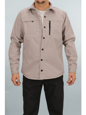 Souris Erkek Taş Rengi Slim Fit Softshell Gömlek Ceket Su Itici ve Rüzgara Dayanıklı