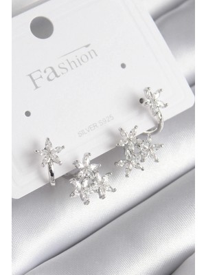 Nexgen Pirinç Gümüş Renk Zirkon Taşlı Çiçek Tasarım Kadın Küpe