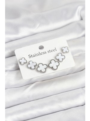 Nexgen 316L Çelik Gümüş Beyaz Renk 3 Boy Yonca Küpe Seti