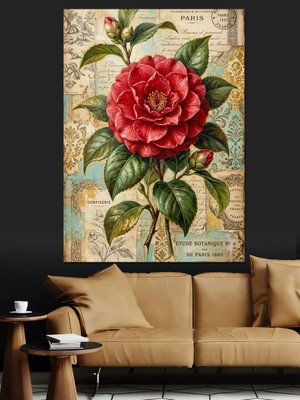 Tablomega Eskitme Kağıt Üzerinde Kırmızı Gül Dekoratif Kanvas - Mdf Ahşap Tablo