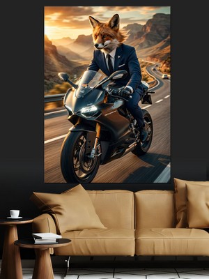 Tablomega Motosiklet Süren Karizmatik Tilki Portresi Dekoratif Kanvas - Mdf Ahşap Tablo