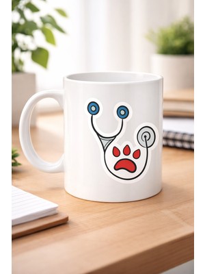 Veteriner Temalı Porselen Kupa Model 178 – Patili Stetoskop Tasarımlı Kahve Kupası – Veterinerlere ve Hayvan Severlere Hediye Kupa