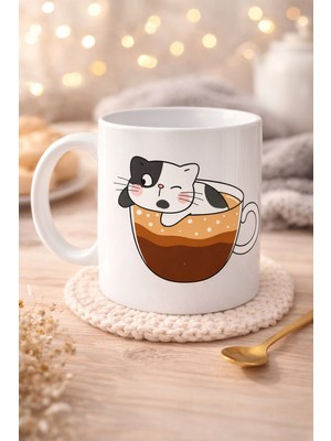 Sevimli Kedi Tasarımlı Porselen Kupa Model 195 – Kahve Içinde Kedi Baskılı Porselen Kahve Kupası – Kedi Severler Için Hediyelik Porselen Kupa Bardak 3