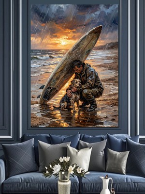 Tablomega Gün Batımında Sörf Yapan Adam Dekoratif Kanvas - Mdf Ahşap Tablo