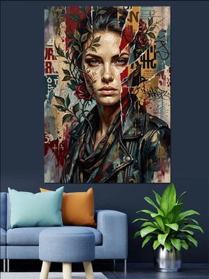 Tablomega Çiçekli ve Parçalanmış Kadın Portresi Dekoratif Kanvas - Mdf Ahşap Tablo