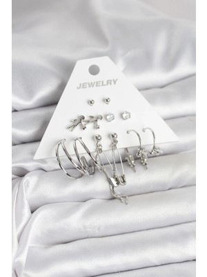 Nexgen Pirinç Gümüş Renk 6'lı Kadın Küpe Seti