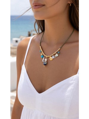 Derin's Design Art Yeni Sezon Deniz Temalı Charm Kolye / Zeytin Yeşili Kordon Evil Eye Nazar Boncuklu Yazlık Kolye